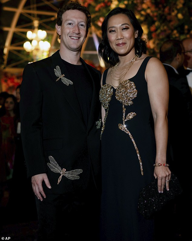 Mark Zuckerberg and his wife Priscilla Chan nod to the 'Evening in Everland' theme with gold embellishments on their outfits