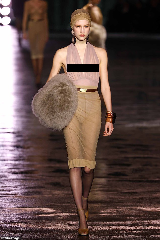 A model walks the catwalk during the Saint Laurent Womenswear Fall/Winter 2024-2025 show as part of Paris Fashion Week