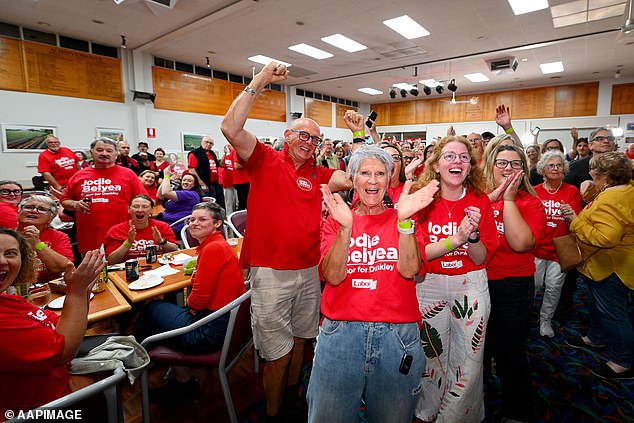 Labor supporters celebrate in Frankston as the announcement is made