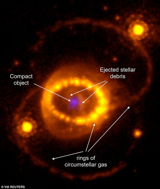 An international team of researchers has found evidence of a neutron star at the heart of the supernova material.  A compact object was known to be there (pictured), but it had remained hidden behind clouds of debris