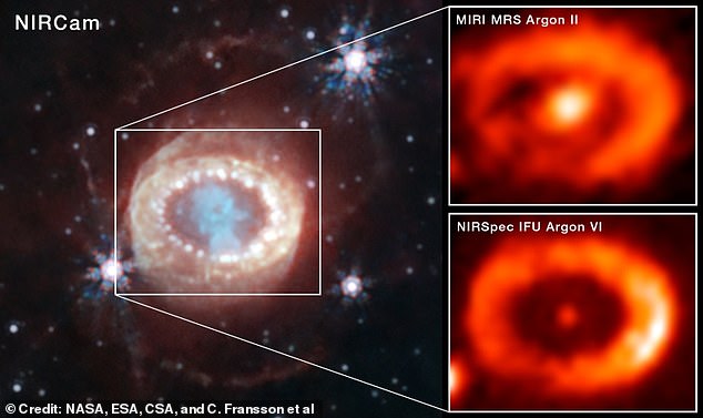 Researchers used the James Webb Space Telescope to look at the infrared radiation emitted by the ejected material.  They discovered the presence of argon (photo) and sulfur atoms that had been stripped of their outer electrons