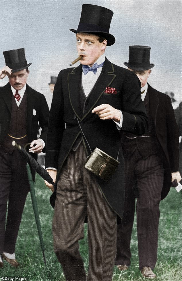 Edward in a more traditional outfit for Derby Day, 1926, in a colored photo from The Sphere