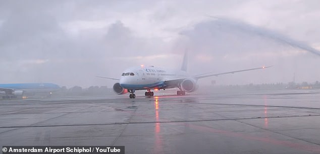 Arranging the salute requires quite a bit of planning, as two fire engines must be positioned in the right place so that the water can align with the aircraft's arrival