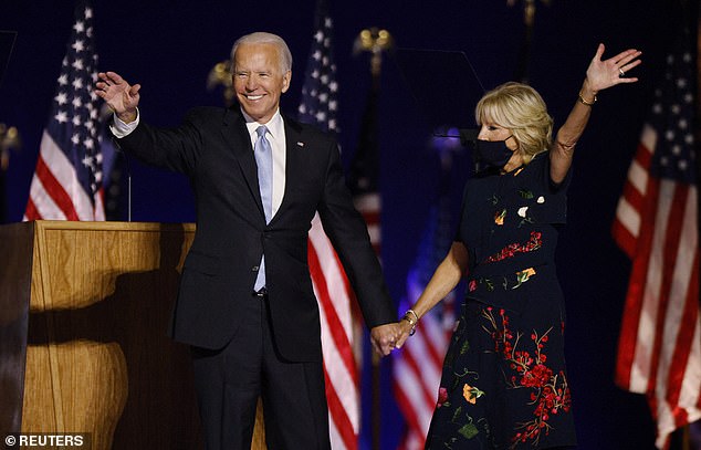 Biden celebrates after being declared the winner of the 2020 presidential election over Trump on November 7, 2020.  Biden received 306 Electoral College votes.  He also won the popular vote, with more than 81 million Americans voting for him