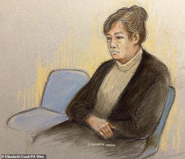 Court artist's sketch of Christine Rawle, 69, at Exeter Crown Court, charged with the murder of her husband Ian Rawle