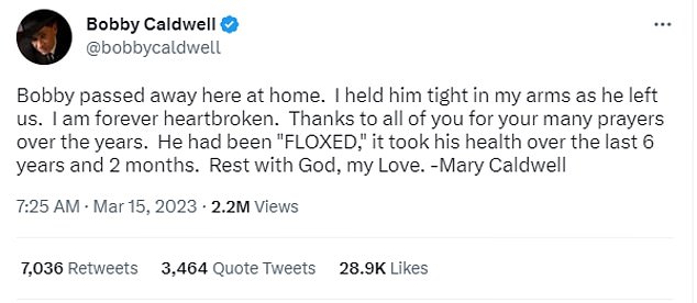 RIP: Mary, whom he married in 2004, wrote on Twitter: 'Bobby passed away here at home.  I held him tight in my arms as he left us.  I am forever heartbroken.”