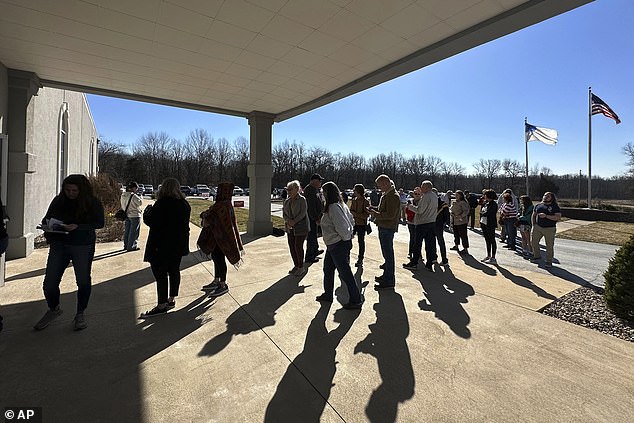 Missouri voters gather Saturday, March 2, 2024, at the Family Worship Center of Columbia, Missouri, to vote for the Republican presidential nominee