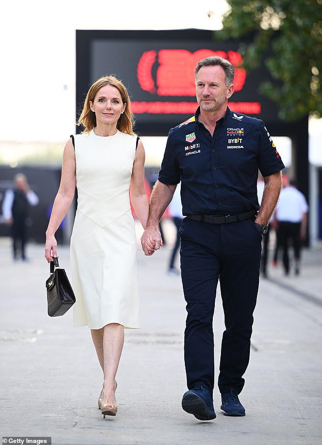 Her eyes appeared red, but the former Spice Girl walked hand in hand with husband Christian Horner at the launch of the Formula 1 season in Bahrain