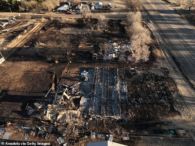 The wildfire, called the Smokehouse Creek Fire, has destroyed 1.07 million acres in Texas and 25,000 acres in Oklahoma, according to the Texas A&M Forest Service.  Pictured: An aerial view of the burned area in Stinnett, Texas, on Friday