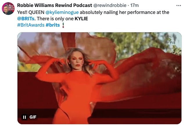 Taking X, previously Twitter a fan said: 'Kylie Minogue you are a freaking LEGEND'