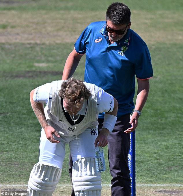 Pucovski was hit on the side of the helmet after diving into a rising ball from Riley Meredith