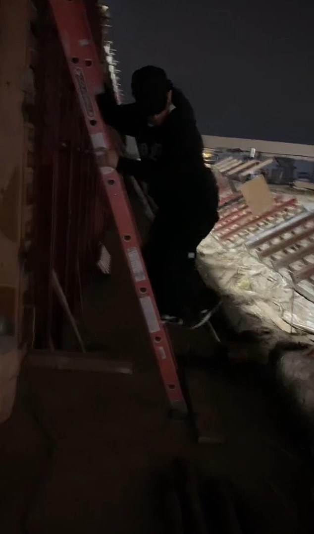 The teens filmed themselves climbing a ladder to enter the empty arena