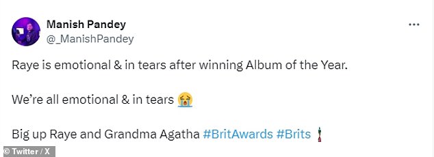 1709478160 772 BRIT Awards 2024 Raye calls her beloved grandmother Agatha Dawson