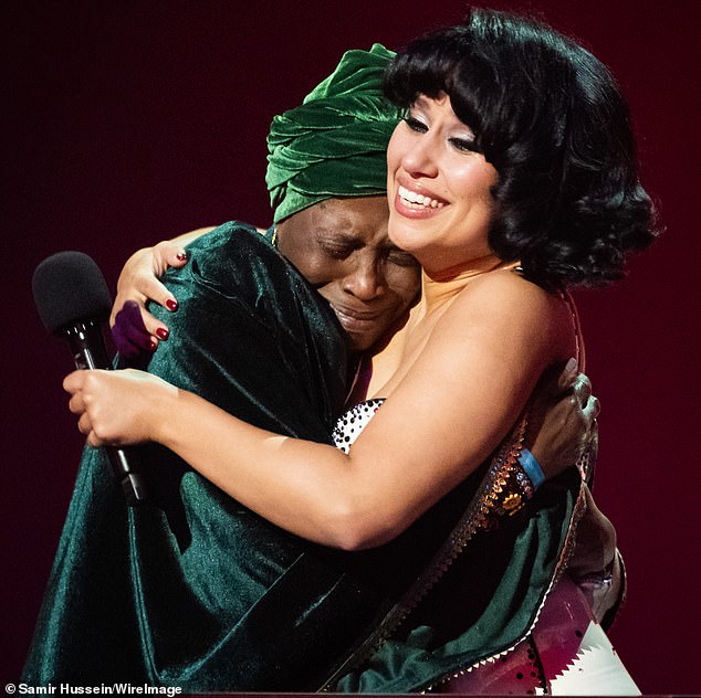 It comes as she broke records at the BRIT Awards on Saturday night, winning six gongs at a star-studded ceremony at London's O2 Arena (seen with her grandmother Agatha Dawson on stage)