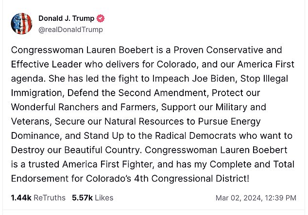 In a Truth Social post, Trump called Boebert a 