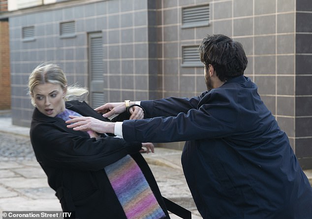 In the dramatic scenes, a car speeds over the cobblestones towards the two women before Adam pushes them aside and takes the full impact of the vehicle.