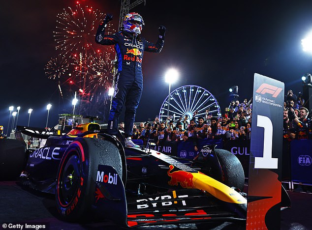 Red Bull's Formula 1 driver Max Verstappen celebrates winning the Bahrain Grand Prix on Saturday