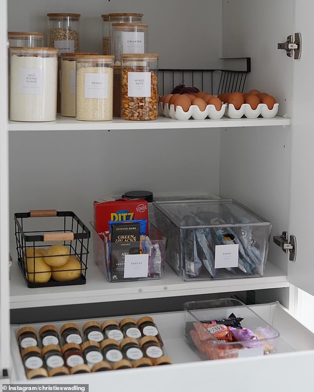 The blonde also shared a peek inside her newly organized pantry and spice cabinet