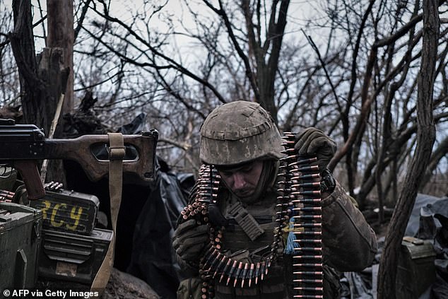 A Ukrainian Volunteer Army soldier prepares ammunition to fire at Russian frontline positions near Bakhmut