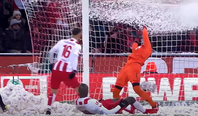 Snow rained from the top of the goal net in spectacular scenes when this goal was scored in the German Bundesliga in 2018