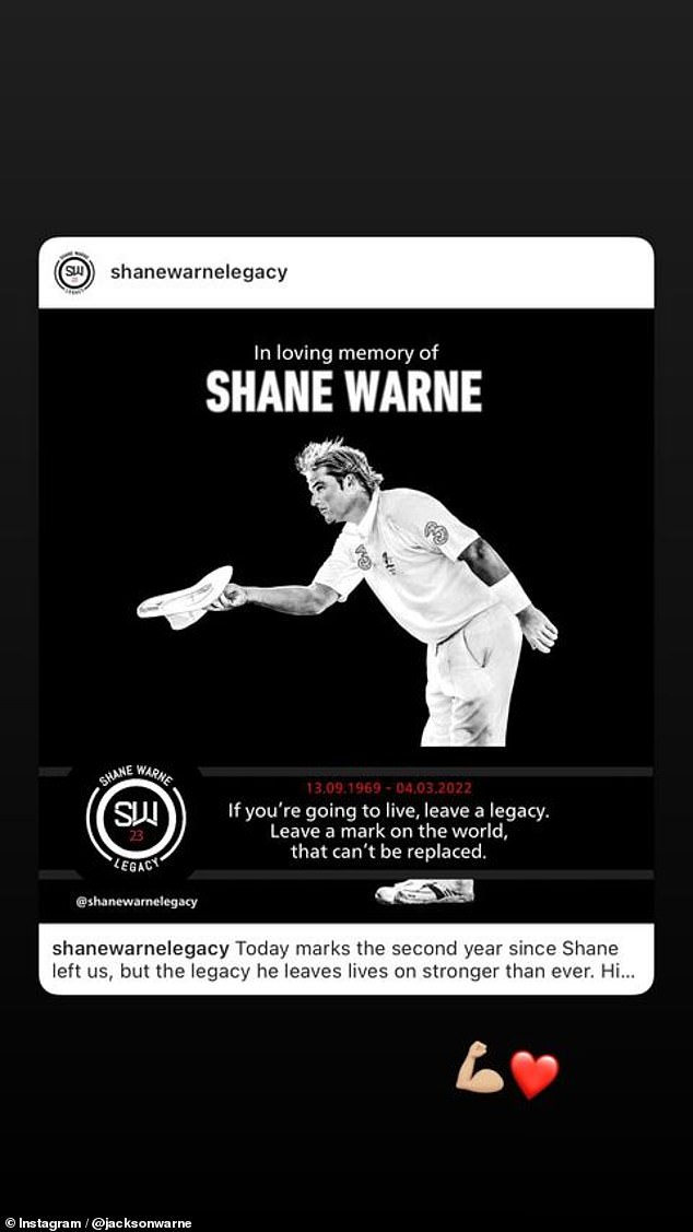 Jackson reshared a post uploaded by the Shane Warne Legacy Instagram account