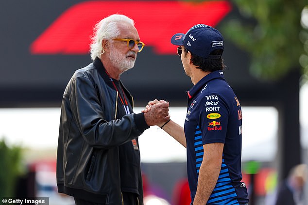 Briatore, the former Benetton F1 team chief, greets Red Bull driver Sergio Perez at the Bahrain circuit on Saturday