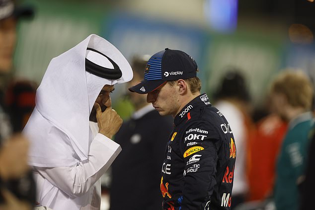 Max Verstappen (right) spoke to FIA president Mohammad Ben Sulayem (left) after qualifying for the Bahrain Grand Prix