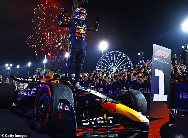 Red Bull driver Max Verstappen celebrates his victory in the Bahrain Grand Prix on Saturday