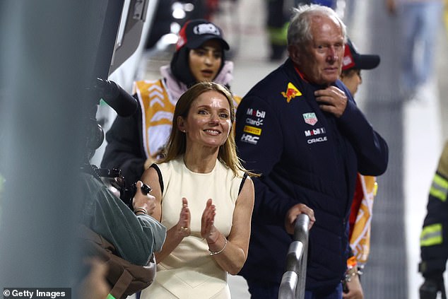 Geri Halliwell celebrates in Bahrain after Red Bull achieved a one-two victory after a difficult few weeks