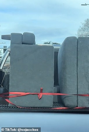 The Seattle-based mother of one loaded the gray L-shaped sofa and chaise longue onto a trailer and admitted she was a little nervous about the huge yield