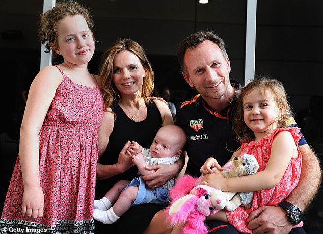 Geri has a son (now seven) with Christian Horner, daughters Bluebell (left) and Olivia from a previous relationship.  Pictured: the family together during the 2017 Bahrain F1 Grand Prix