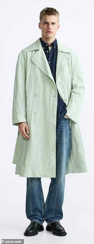 The $139 ripple effect trench coat is still available in mint green, as seen above