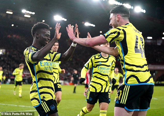 Bukayo Saka (L) and Declan Rice (R) both found the back of the net during the first half