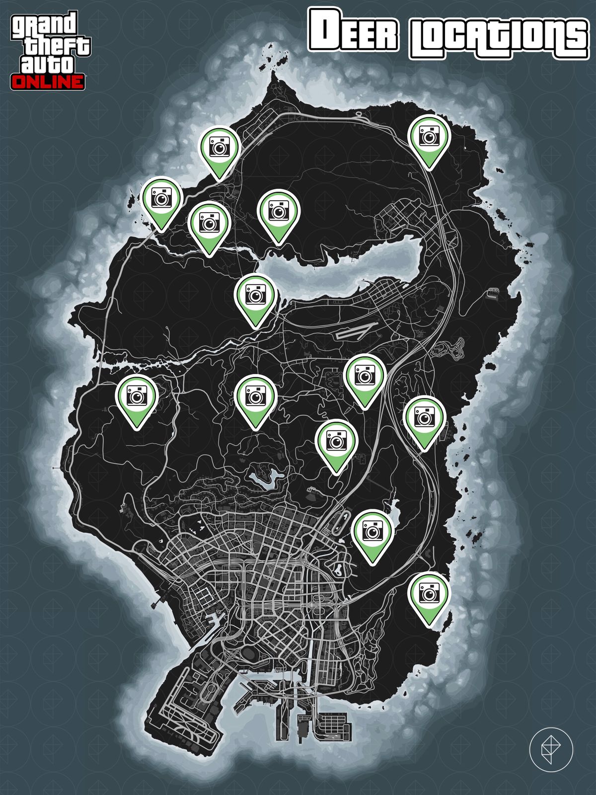 GTA Online map with deer locations