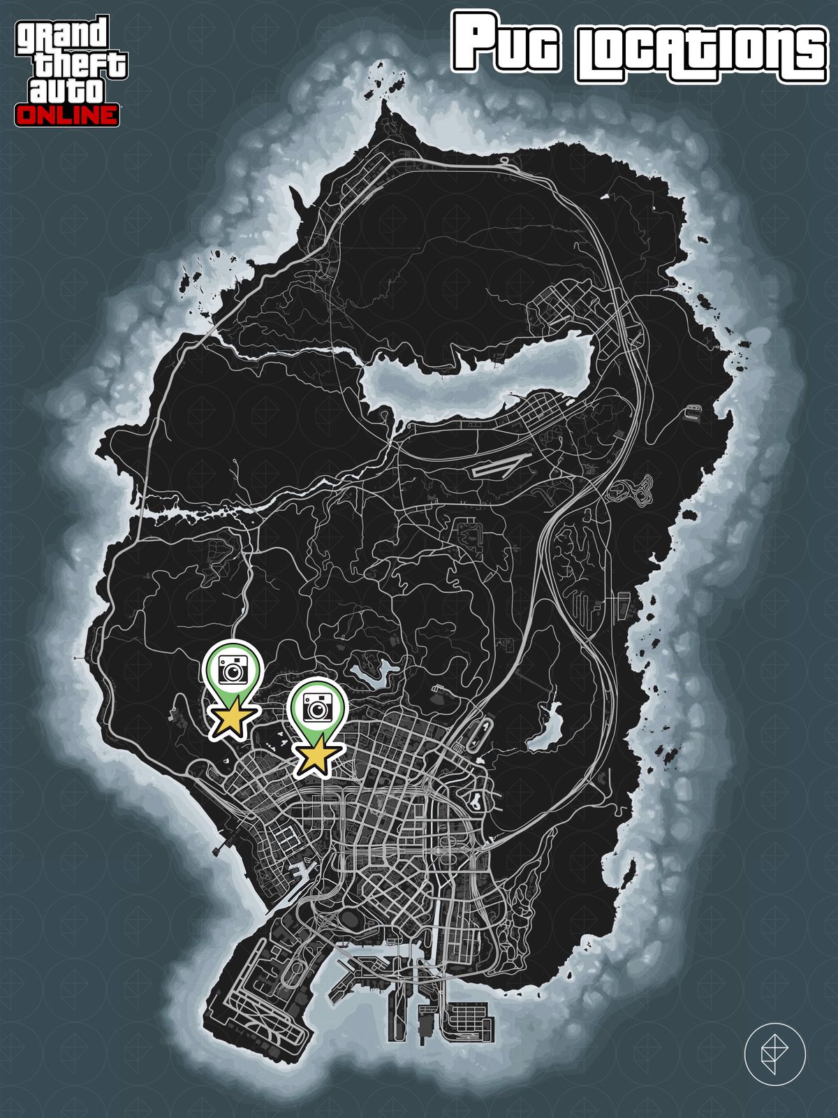 GTA Online map with pug locations