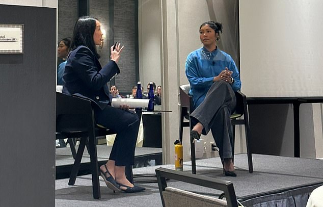 She is pictured at the Dana-Farber Cancer Institute in Boston, Massachusetts, giving a keynote speech to raise awareness about the disease