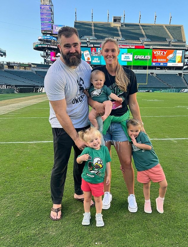 Jason is seen with his wife Kylie and his three young daughters at Lincoln Financial Field