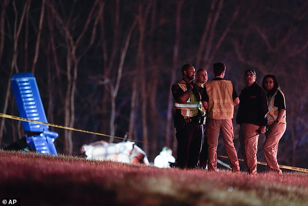 Authorities posted a photo of the charred wreckage of the small plane in the grass along the highway