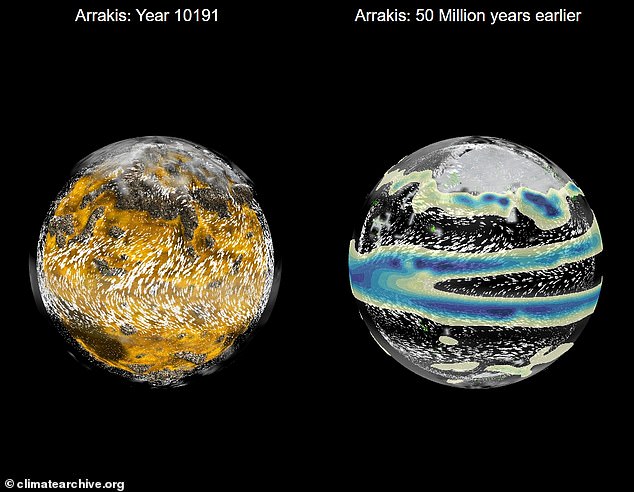 A simulation showed how the weather on Arrakis behaved in the year 10,191 (left), when the film is set, and how it behaved 50 million years earlier (right), before the planet was a desert.