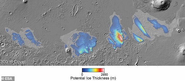 Map of water ice potential thickness in the Medusae Fossae Formation (MFF).  The water ice deposits are up to 3.7 km thick