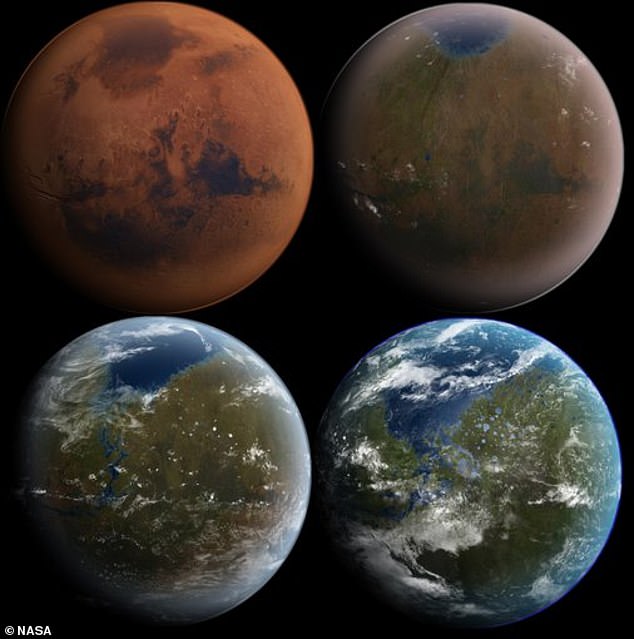 Some organisms could be bioengineered to extract certain gases from the Martian atmosphere – such as carbon dioxide and methane – and create nitrogen and oxygen.  Shown are a series of possible steps if Mars were to undergo terraforming