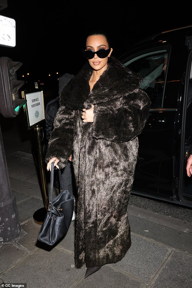 It comes after Kim oozed glamor in a black faux fur coat as she headed out for dinner on Sunday