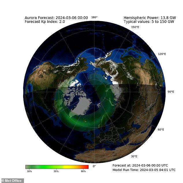 In the photo the aurora oval around the Northern Hemisphere, showing where exactly the best chance of seeing the light is