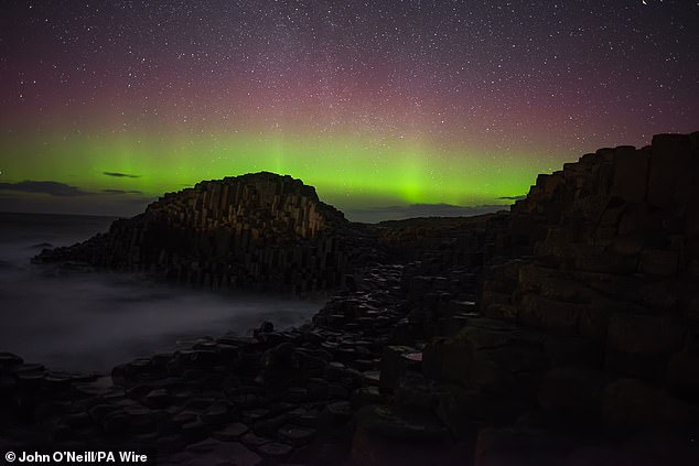 This Sunday evening aurora over the Giant's Causeway in Northern Ireland was posted on Twitter by John O'Neill