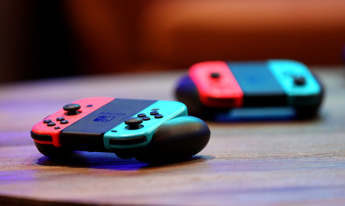 Nintendo Joy-Con wireless controllers for the Nintendo Switch are shown during the debut of Allied Esports' esports variety show “PlayTime With KittyPlays” at the HyperX Esports Arena Las Vegas at the Luxor Hotel and Casino on March 24, 2019 in Las Vegas, Nevada.