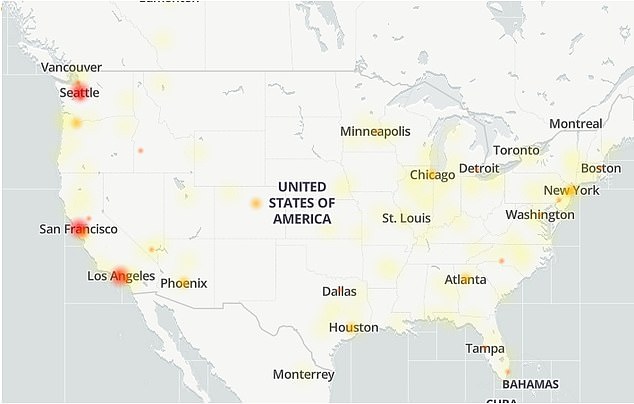 DownDetector, which monitors online outages, shows that more than 200,000 Americans have problems with Facebook (pictured is the outage map), but more than 30,000 reported the same with Instagram - Messenger has just over 8,000