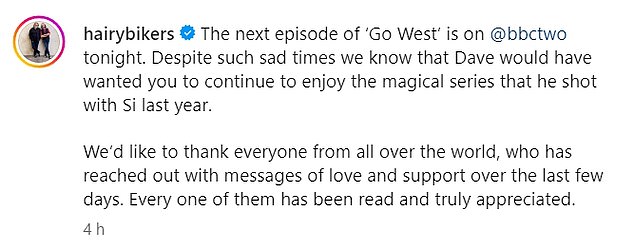 A post on his Instagram page confirmed on Tuesday that the next episode since his death would air nationwide tonight