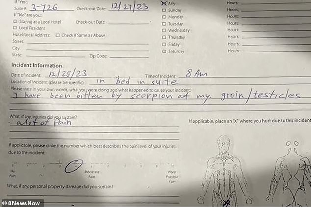 The medical report asked first responders to indicate which part of the body was 'injured' by means of an 'X', accompanied by a sketch of the human body.  Farchi drew an 'X' over the groin area of ​​the photo