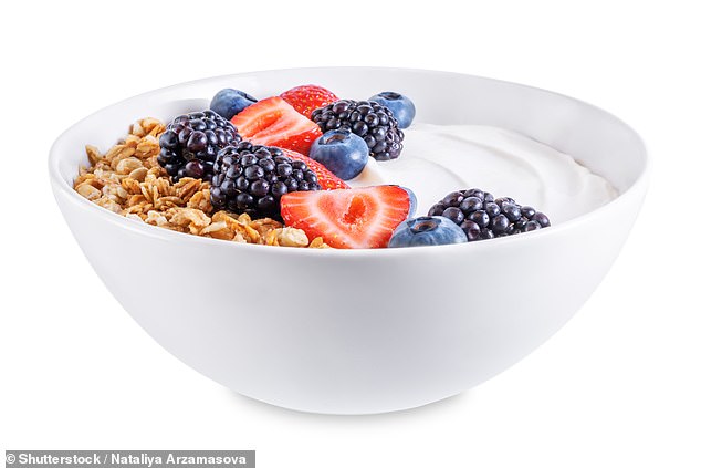 Birdi recommends three to four tablespoons of Greek yogurt or kefir, topped with fruit, mixed seeds, and mixed nuts