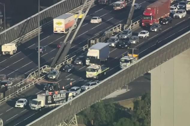 The protest caused a traffic jam that blocked three lanes around the city and caused delays of about 20 miles (pictured)